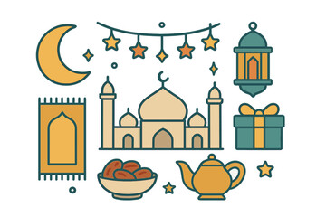 Collection of Islamic religious and cultural symbols including mosque, crescent moon, lantern, and prayer mat