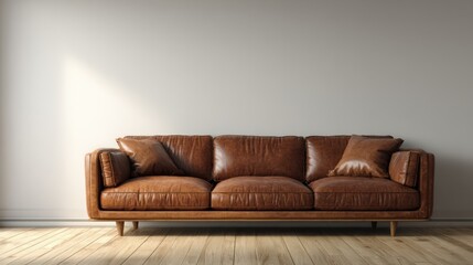Luxurious brown leather sofa centered in a simple, softly lit interior, spacious blank wall ideal for mockup or artwork display, clean home decor