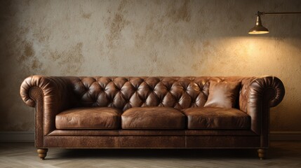 Luxurious brown leather sofa mockup scene, illuminated with warm golden light, soft beige wall background, simple and timeless setting