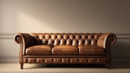 Luxurious brown leather sofa mockup scene, illuminated with warm golden light, soft beige wall background, simple and timeless setting