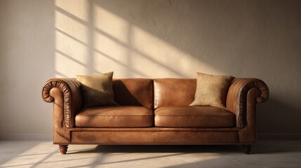 Luxurious brown leather sofa mockup scene, illuminated with warm golden light, soft beige wall background, simple and timeless setting