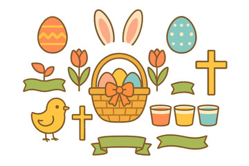 Cute spring holiday elements set with Easter eggs, bunny ears, chick, basket, tulips, and crosses