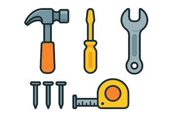 Essential collection of construction and repair hand tools including hammer, screwdriver, and wrench