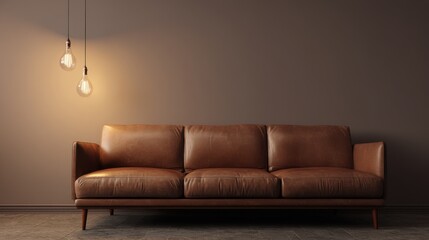 Minimalist interior setup featuring brown leather sofa, warm ambient lighting, clean wall space ready for design placement, cozy and elegant vibe