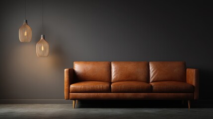Minimalist interior setup featuring brown leather sofa, warm ambient lighting, clean wall space ready for design placement, cozy and elegant vibe