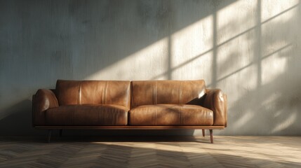 Modern interior scene with warm-toned brown leather sofa and minimalist background, cozy daylight mood, empty space for branding mockup