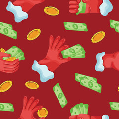seamless pattern with icons of Santa Claus hands in different gestures with paper money and gold coins in different shapes on a red background, for business, thematic designs