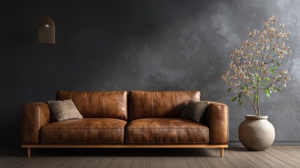 Modern interior scene with warm-toned brown leather sofa and minimalist background, cozy daylight mood, empty space for branding mockup