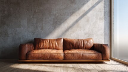 Modern interior scene with warm-toned brown leather sofa and minimalist background, cozy daylight mood, empty space for branding mockup