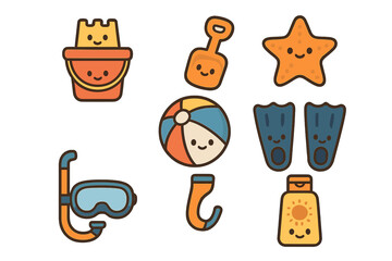 Cute summer beach vacation items set with smiling faces including snorkel mask flippers and sand toys © icon_art