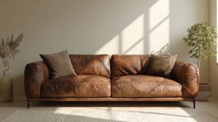 Stylish warm brown leather couch in bright natural light, neutral beige background, minimal interior mockup for poster or artwork presentation, cozy aesthetic