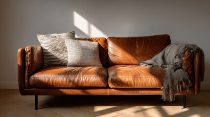 Stylish warm brown leather couch in bright natural light, neutral beige background, minimal interior mockup for poster or artwork presentation, cozy aesthetic