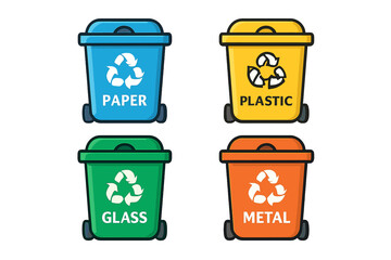 Set of four colorful recycling bins for sorting waste materials: paper, plastic, glass, and metal