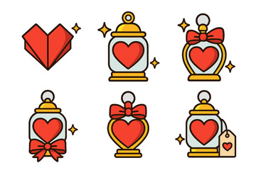 Romantic hearts in jars and bottles decorated with bows and sparkles for love concepts