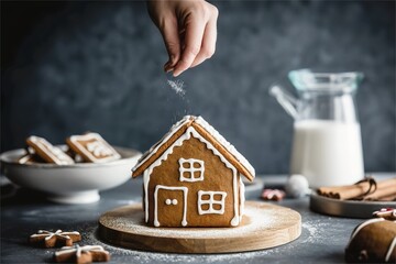 hand sprinkle sugar powder on gingerbread house
