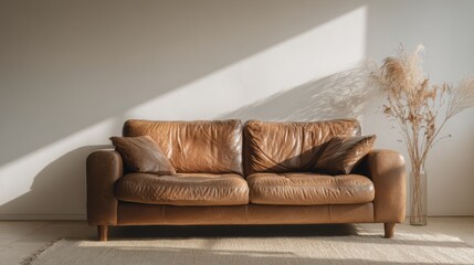 Stylish warm brown leather couch in bright natural light, neutral beige background, minimal interior mockup for poster or artwork presentation, cozy aesthetic