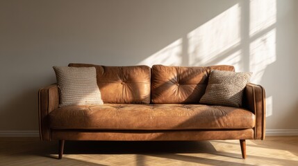 Stylish warm brown leather couch in bright natural light, neutral beige background, minimal interior mockup for poster or artwork presentation, cozy aesthetic