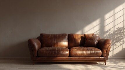 Warm cozy living room interior with brown leather sofa, natural sunlight casting shadows, simple blank wall mockup for creative display