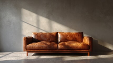 Warm cozy living room interior with brown leather sofa, natural sunlight casting shadows, simple blank wall mockup for creative display