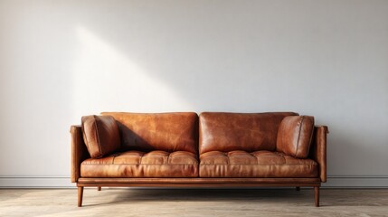 Warm lit brown leather sofa against a clean neutral wall, cozy modern interior mockup for branding or artwork, soft daylight, minimal home decor, no text, no logo
