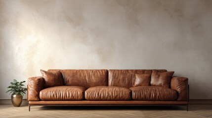 Warm-toned modern interior with brown leather sofa, soft light highlighting texture, minimalist clean wall background mockup scene