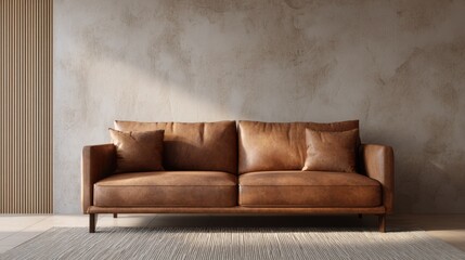 Warm-toned modern interior with brown leather sofa, soft light highlighting texture, minimalist clean wall background mockup scene