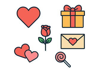 Collection of love and dating symbols including hearts, rose, gift, and sealed letter