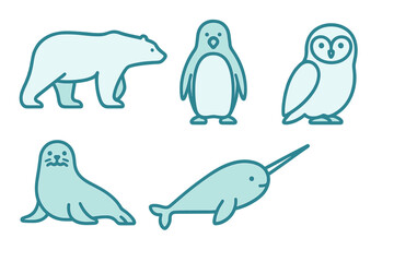 Five minimalist arctic and antarctic animals set: polar bear, penguin, seal, narwhal, snowy owl © icon_art