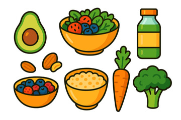 Collection of healthy food items including fresh vegetables, fruits, nuts, and whole grains for balanced diet