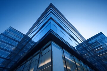 Modern glass skyscraper against clear blue sky.