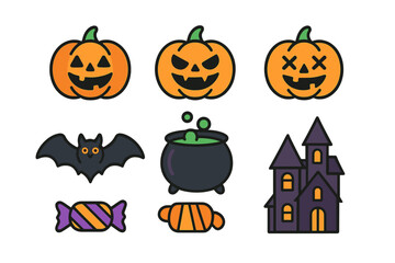 Spooky Halloween elements including jack-o'-lanterns, flying bat, bubbling cauldron, haunted castle, and candy