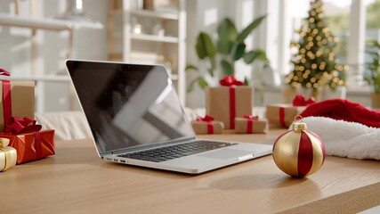 Crafting a heartwarming digital new year greeting from a cozy, festive home, utilizing a laptop for seamless connections and sharing holiday joy