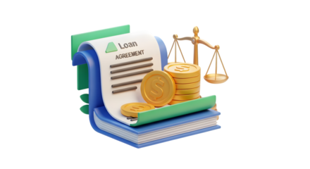 3d icon of loan agreement with coins and scales isolated on transparent background
