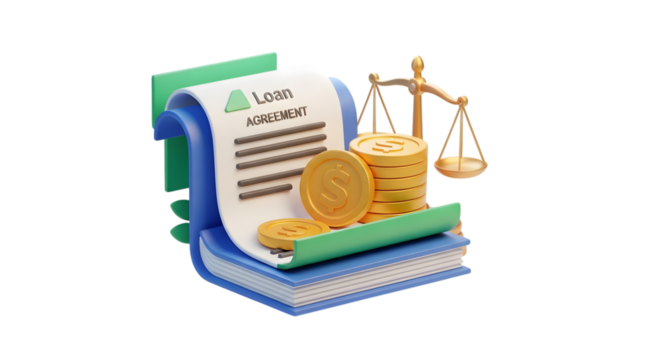3d icon of loan agreement with coins and scales isolated on transparent background