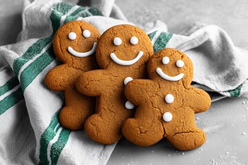 Festive gingerbread cookies arranged in a cheerful family shape on a textured cloth, showcasing delightful holiday spirit and warmth, radiating festive joy and warmth for the holiday season