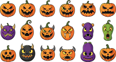 Collection of Spooky Halloween Pumpkin Faces with Various Expressions and Designs