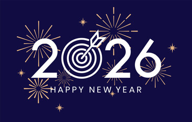 Festive graphic for 2026 with stylized white numbers, elegant script text, and exploding gold fireworks on a deep navy blue background. Perfect for New Year's celebration greetings.