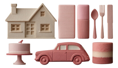 Playful Collection of Pink Objects Featuring House, Car, Cake, and Kitchen Utensils
