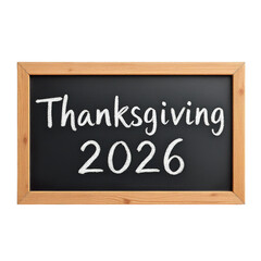Obraz premium Blackboard with “Thanksgiving 2026” Written in White Chalk – Holiday Announcement on Wooden Frame – White Background