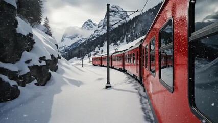 Un tren alpino rojo intenso serpenteando en una curva dramática a través de un valle montañoso cubierto de nieve fresca