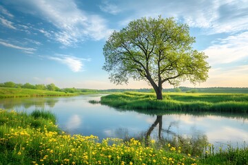 Serene River Landscape with Single Tree, Dandelions, and Cloudy Sky Reflection in Water