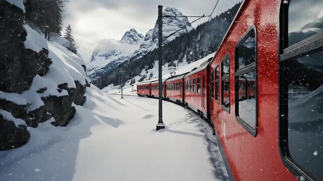 Un tren alpino rojo intenso serpenteando en una curva dramática a través de un valle montañoso cubierto de nieve fresca