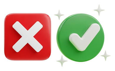 Obraz premium 3d red cross and green checkmark icons with sparkling stars isolated on black isolated on transparent background