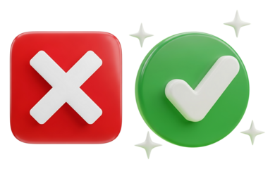 3d red cross and green checkmark icons with sparkling stars isolated on black isolated on transparent background
