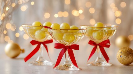 Twelve grapes in the glasses. Christmas tree background. Traditional Spanish twelve grape berries to eat for good luck at midnight. New Year's Eve