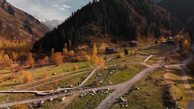 Aerial view panorama of yellow autumn forest in Almaty