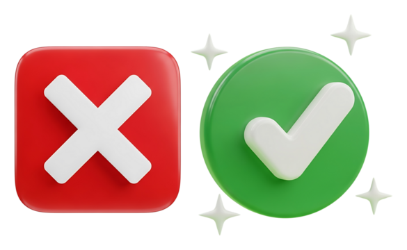 3d red cross and green checkmark icons with sparkling stars isolated on black isolated on transparent background