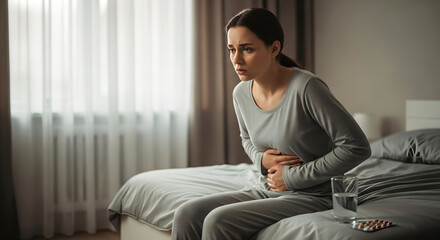A young woman sits in bed, clutching her stomach, suffering from stomach pain
