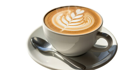 Steaming latte with artistic leaf design in a pristine white cup and saucer, perfect for a relaxing morning or cafe menu, enjoy the aroma