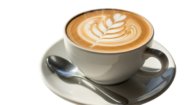 Steaming latte with artistic leaf design in a pristine white cup and saucer, perfect for a relaxing morning or cafe menu, enjoy the aroma